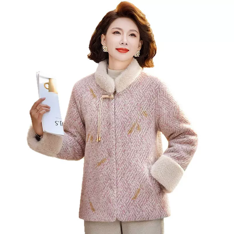 妈妈装2025秋冬新款仿水貂绒外套中老年洋气加绒保暖毛呢立领上衣