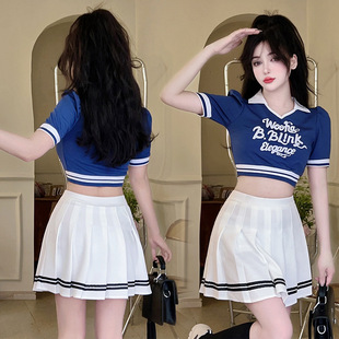 Real Shot Academy Style suit Short-sleeved V-neck Contrast Color Top Pleated Half-length Skirt Two-piece Set