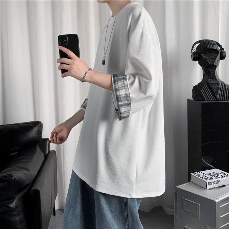 Plaid Short-sleeved T-shirt Men's Trendy Top Clothes ins Hong Kong Style Summer Loose Student's Trendy Seven-sleeved Round Neck T-shirt