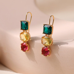 New Product Brass Plated 18K Genuine Gold Color Glass Square Diamond Retro-Elegant Earring with High-End Feels, National Trend Retro Earrings