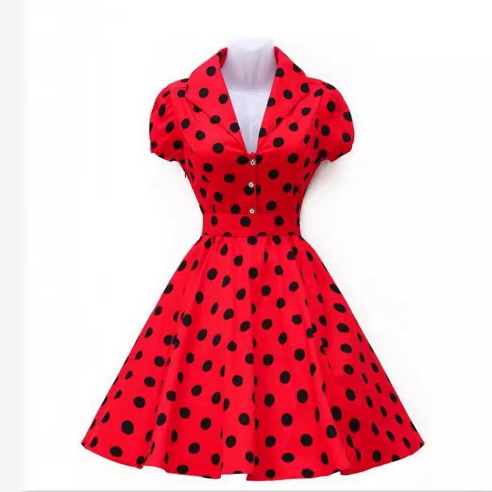 Amazon AliExpress hot sale New lapel short sleeve waist dress retro Bow polka dot short sleeve