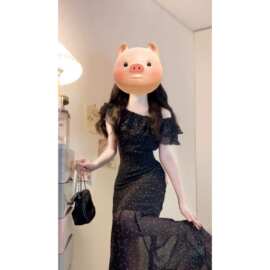 实拍大码女装千星舞会名媛气质女神范斜肩感连衣裙波点长裙