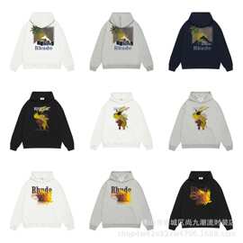 长期有美式高街潮人街头设计Rhude 椰树赛车字母印花卫衣宽松套头
