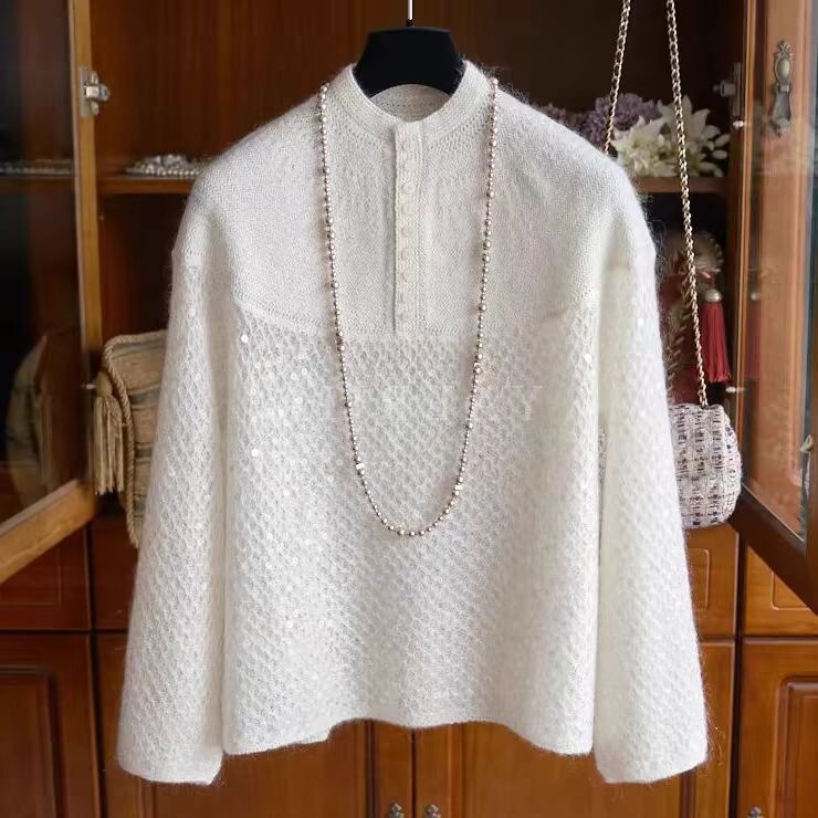 Incomparably Beautiful~ High-Value Cold Moon White Osmanthus Needle Wool Mohair Patchwork Quilted Sequin Knit Sweater