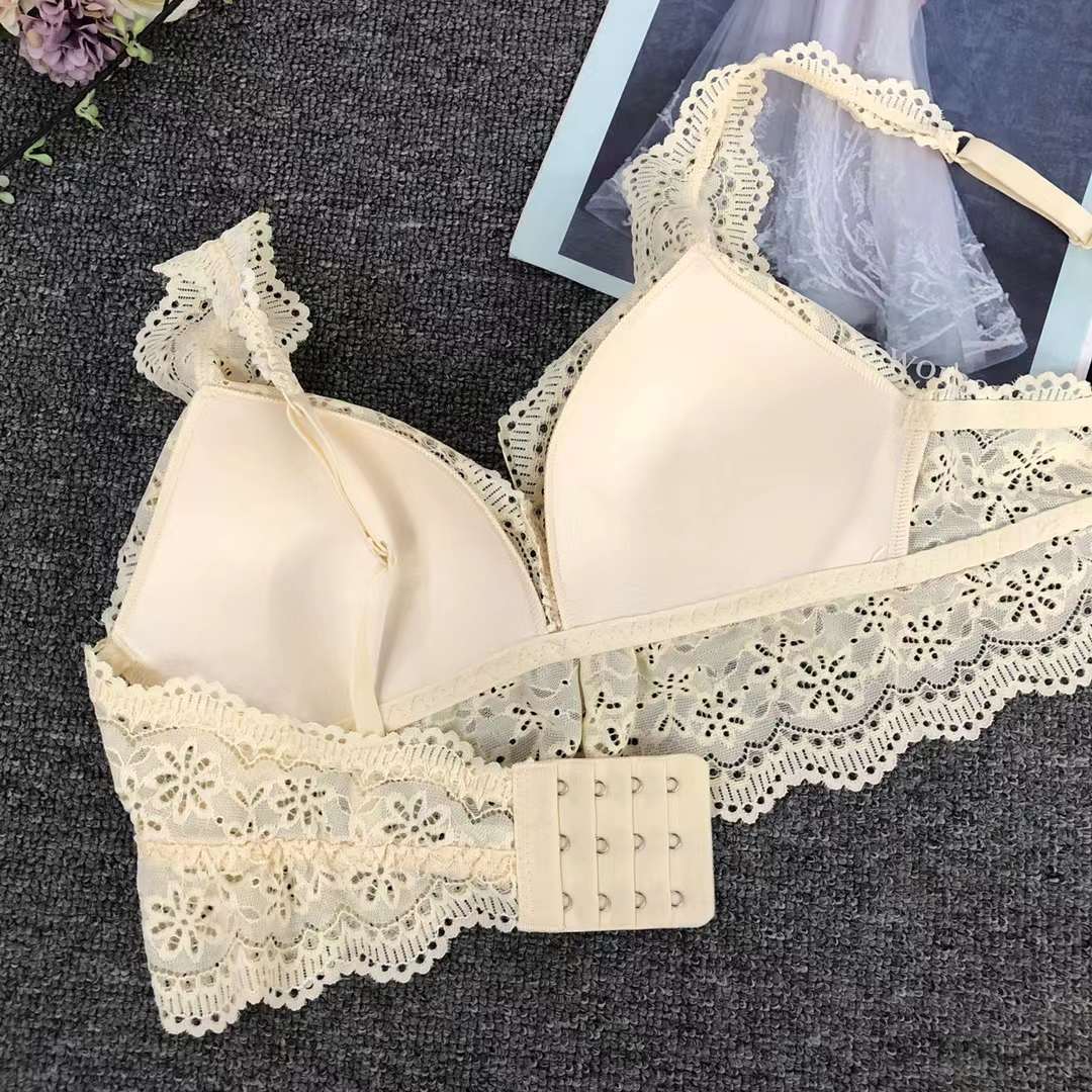 Bra de encaje del sudeste asiático, ropa interior de mujer, bra de copa triangular francesa, verano sin anillo de acero, copa delgada, algodón sexy y cómodo para la piel