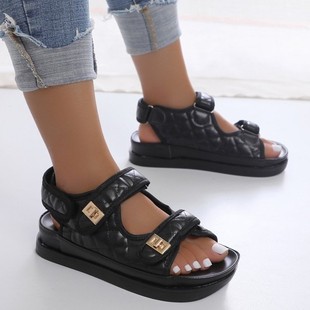 2025 European and American Cross-Border Large Size New Velcro Flats Metal Buckle Simple Sandals Small Fragrant Beach Sandals
