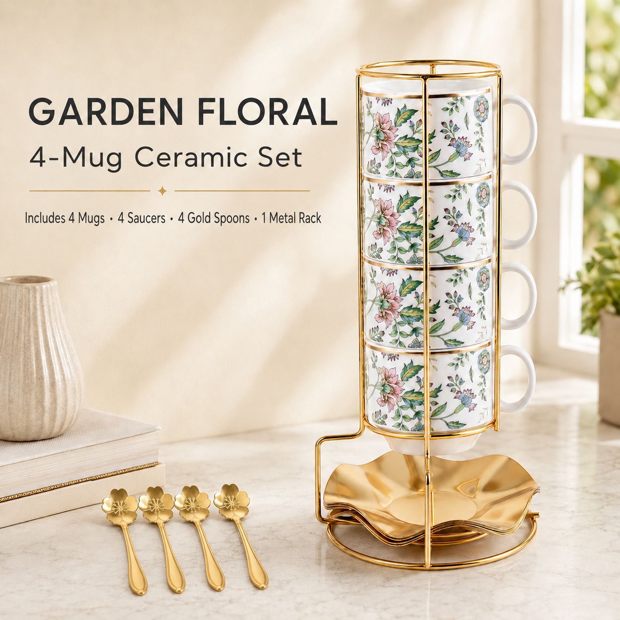 Juego de Tazas Apilables de Porcelana con Soporte para Hogar y Oficina image 9