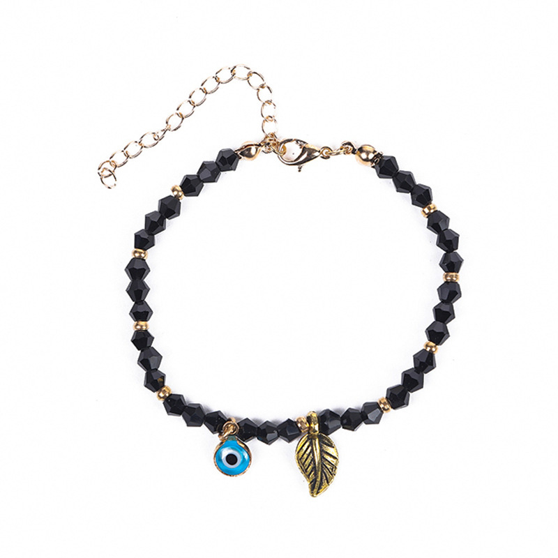 European and American Pure Handmade Beads, Black Crystal Beads, Retro Metal Leaf Pendant, Blue Turkish Evil Eye Bracelet