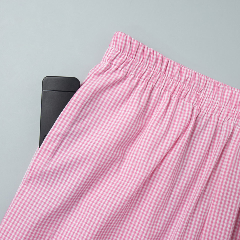 Bộ đôi áo sơ mi tay dài bèo nhún và quần dài kẻ caro cotton — hồng chi tiết 14