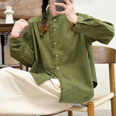 春秋款文艺复古木耳花边立领棉质格子衬衫女日系宽松百搭长袖衬衣