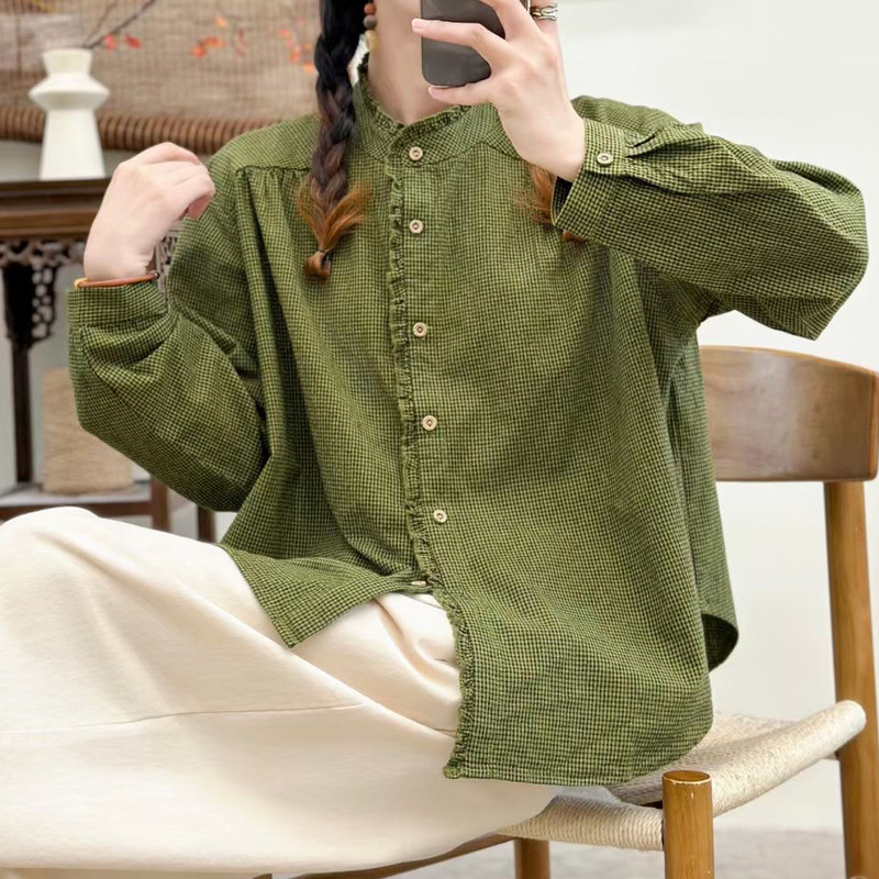 春秋款文艺复古木耳花边立领棉质格子衬衫女日系宽松百搭长袖衬衣|undefined