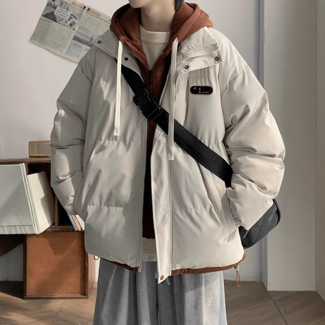 가짜 2 피스 코튼 패딩 재킷 남자의 겨울 루즈 캐주얼 두꺼운 따뜻한 코튼 패딩 재킷 일본 스타일 유행 후드 코튼 패딩 재킷