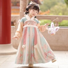 贝优可正品2025秋冬款加绒厚儿童古风唐装襦裙加绒仙气公主连衣裙
