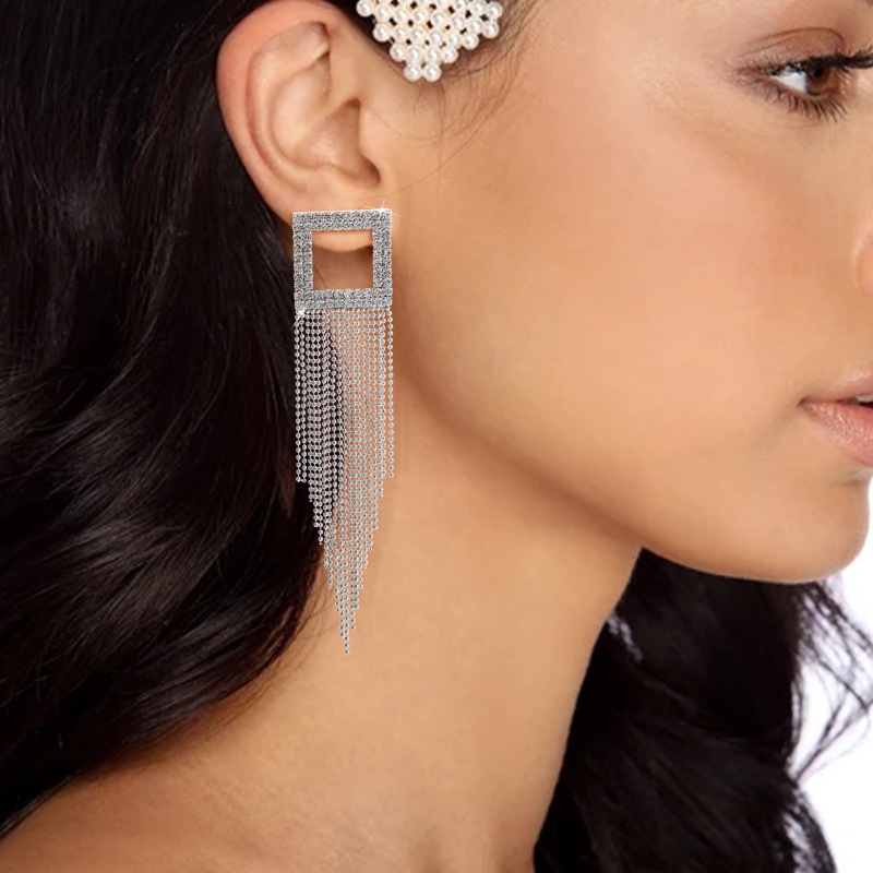 10g Weight South Korea New Long Tassel Rhinestone Exaggerated Earrings Personality Fashion Round Bead Earrings