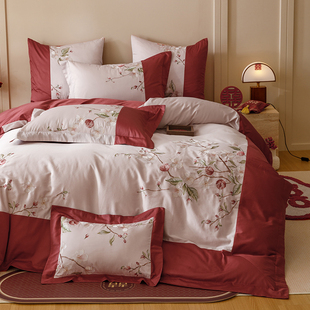 New Chinese-Style Light Luxury Embroidered Floral Wedding Four-Piece Set 100S Pure Cotton Red Dowry Bedding Quilt Cover Bed Sheet