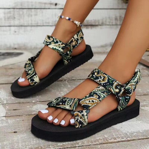 2025 Summer Thick Heel Fabric Ethnic Women's Shoes Fish Mouth Colorful Patch Magic Tape Beach Sandals Plus Size