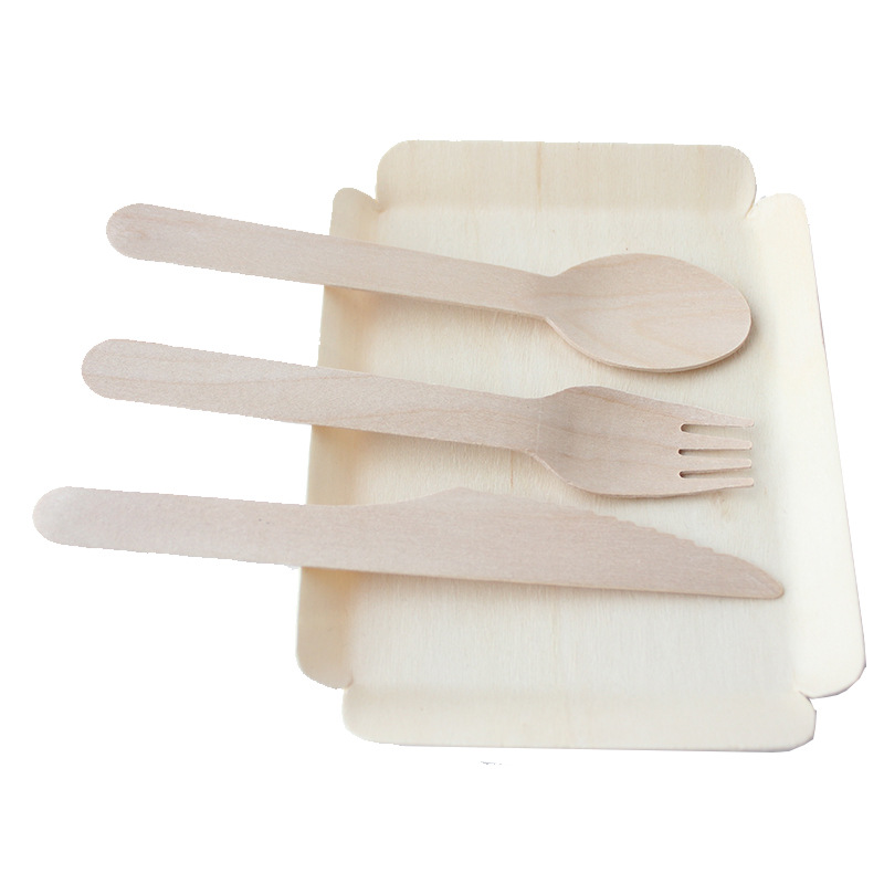 Cuchillo desechable de madera, tenedor y cuchara de tres piezas de madera protección del medio ambiente vajilla traje para llevar filete cuchillo de madera postre tenedor de madera y cuchara