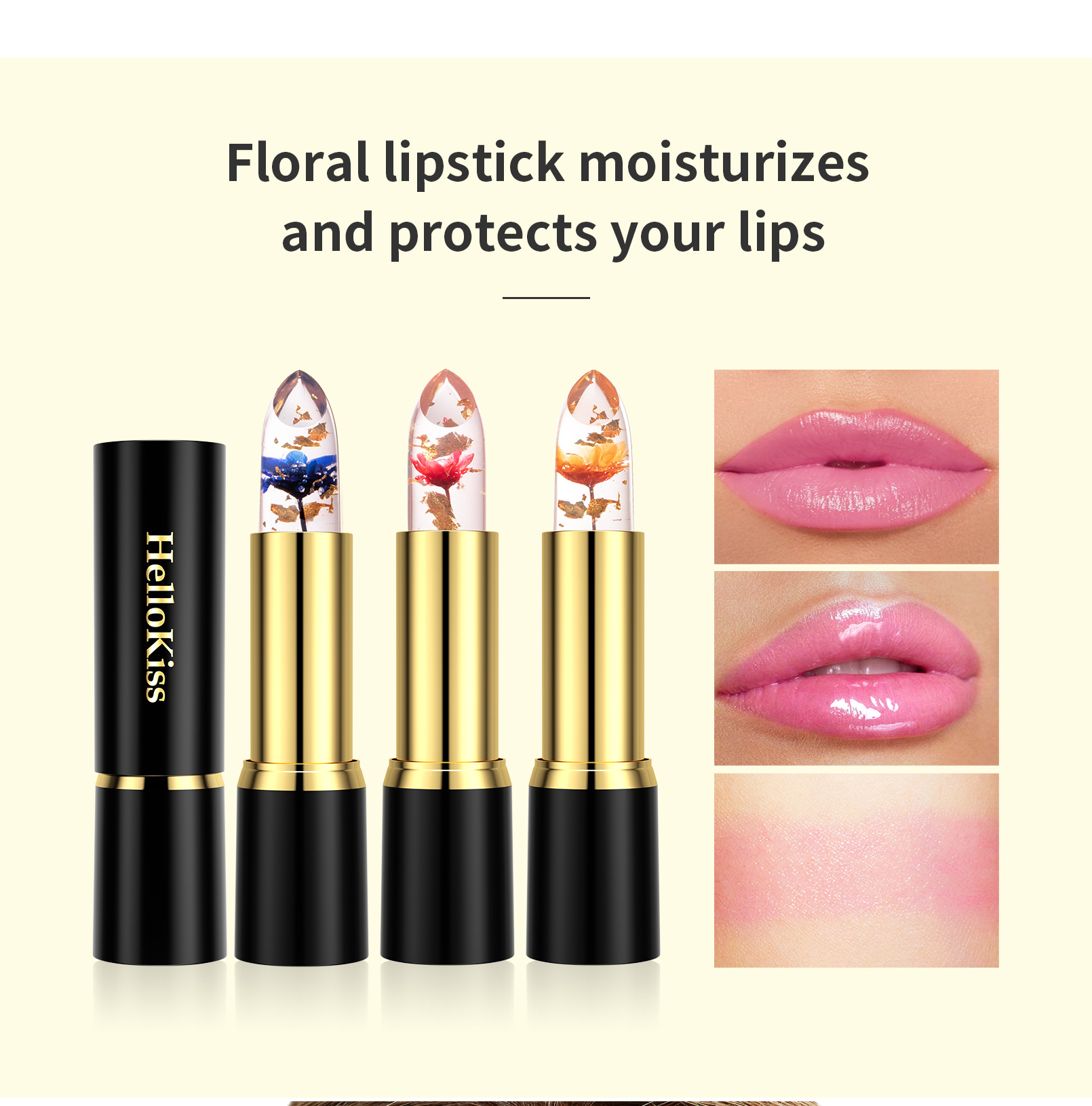 Hellokiss jelly Flower Lipstick Moisturizing, hydrating, long-lasting and color-enhancing gold foil thermochromic lipstick is selling well across borders Application Scenario
