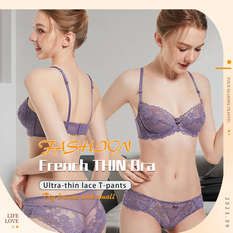European and American Sexy Lace Intimates French Ultra-Thin Transparent Large Size Bra Set Big Breasts Showing Small Anti-Sagging Intimates Summer