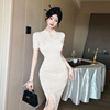 Southeast Asian style improved cheongsam button up knitted dress with buttocks wrapped long skirt