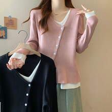 实拍特大码女装秋装新款洋气假两件针织衫胖宽松毛衣上衣潮