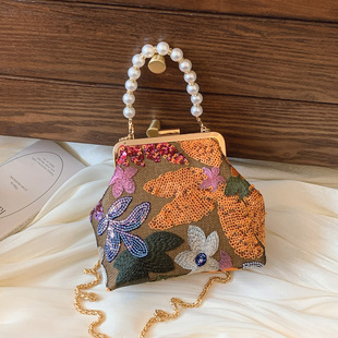 Autumn and Winter 2024 New Cross-border Linen Bag Fashion Sequin Spliced Bag Embroidery Trendy Clamp Mouth Dinner Shoulder Bag