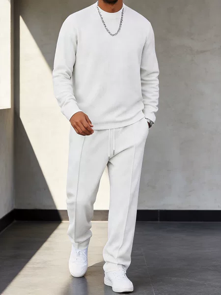 Cross-Border European and American Style Men's Basic Popular Simple Solid Color Men's Casual Sports Suit with Round Neck, Long Sleeves, and Long Pants Set