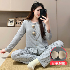 2025新款带胸垫甜美睡衣女款春秋季长袖开衫休闲家居服套装可外穿