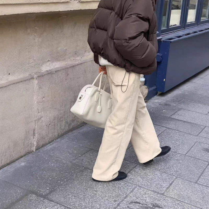 Now H2025 Winter New Collection from Korea Dongdaemun Ou*Ce Loose Solid Color High-Waisted Straight-Leg Fleece-Lined Corduroy Casual Pants