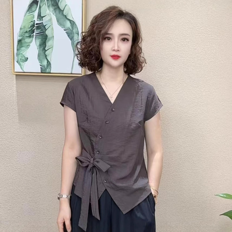 2025 夏の新スタイル重工業不規則なデザイン半袖ファッションストラップ V ネック Tシャツ女性の痩身トップス|undefined