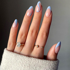 跨境霧霾藍法式美甲穿戴甲甲片批發穿戴式指甲貼歐美穿戴甲批發