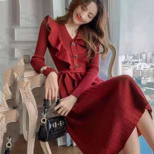 Plus Size Women's Knitted Dress 2025 Autumn and Winter New Long Ruffled Age-Reducing Elegant Small Fragrance Bottoming Skirt