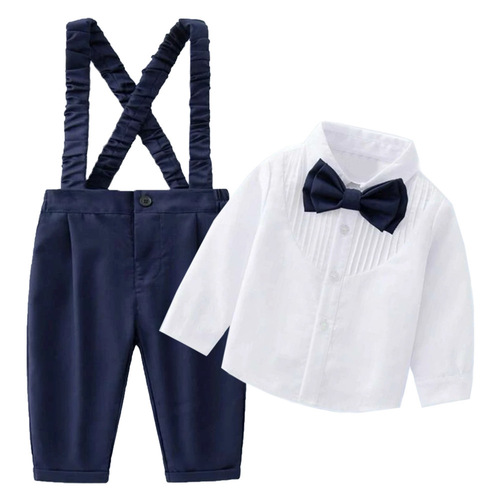 Cross-border spring and autumn new children's suit, boys 'suspenders, solid color long-sleeved bow tie, performance clothes, pleated children's wear on behalf