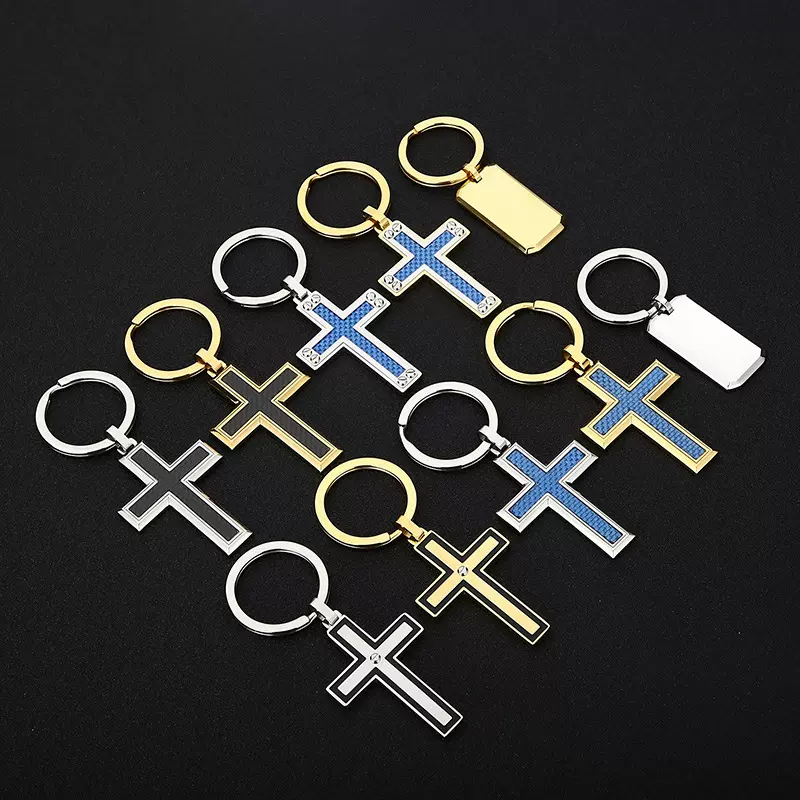 卡轮新款饰品挂件代发 日韩简约个性多款式十字架方牌钛钢钥匙扣