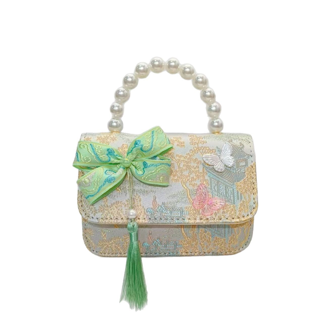 Bolsa de arco de estilo nacional de la princesa bolso de perla bolso de cadena bolso cuadrado bolso accesorios de ropa china para niños regalos de vacaciones de niñas