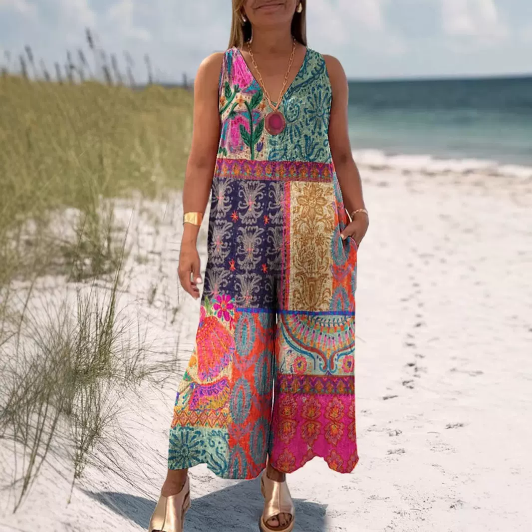 欧美跨境连体裤女夏大码背心阔腿波西米亚印花新款休闲女装衣服