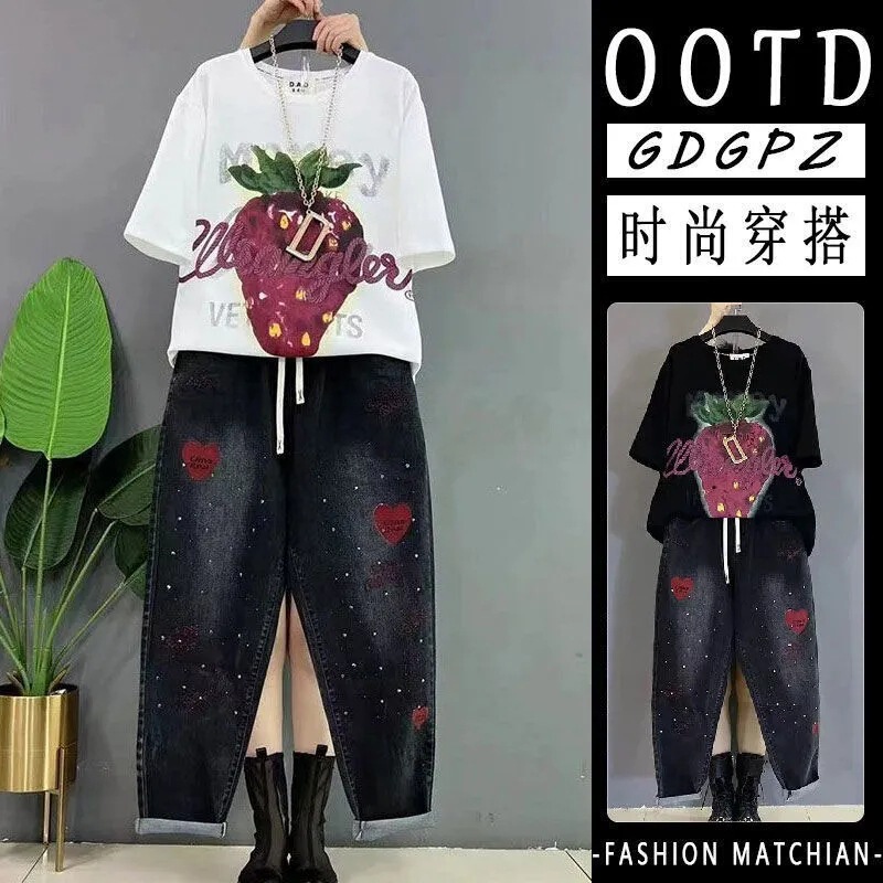 Single piece/slightly fat girls wear hitch-up women's clothing new summer strawberry print short sleeve T-shirt wide leg jeans slim trend Single piece/slightly fat girls wear hitch-up women's clothing new summer strawberry print short sleeve T-shirt wide leg jeans slim trend