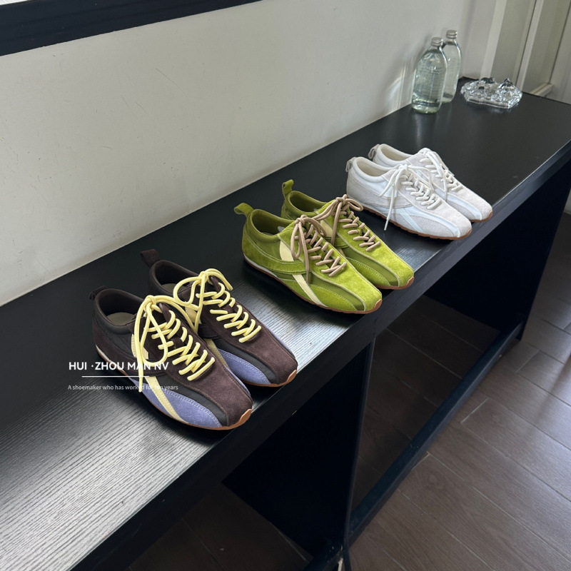 Sheepskin Genuine Leather Retro Patchwork Ballet-Style Trainers for Women, New Versatile Niche Casual Sneakers, Flat-Soled Running Shoes