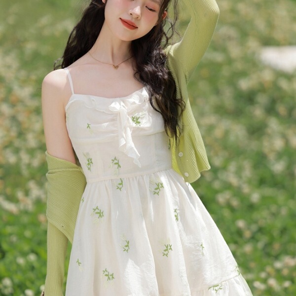 Summer Knitted Cardigan Set for Women, Two-Piece Sweet French-Style Suspender Dress Top 2026 Fairy Dress Tea