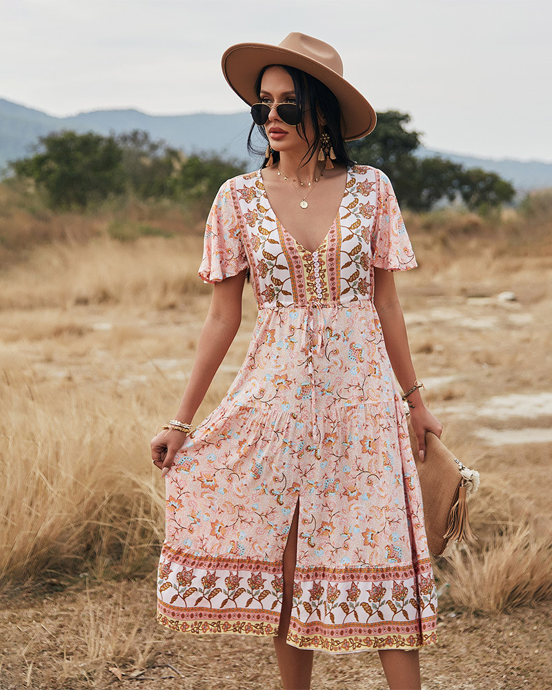 V-neck temperament waist holiday style dress NSKA39131