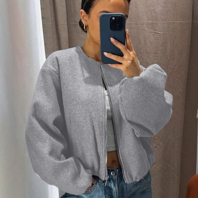 European and American Style Foreign Trade Women's Clothing New Model 2025 Fashionable Versatile Round Neck Soft Long-Sleeve Bomber Jacket Short Coat