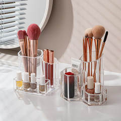 Factory transparent PS multi-functional makeup brush eyebrow pencil eyeliner pen organizer box three-grid desktop office pen holder