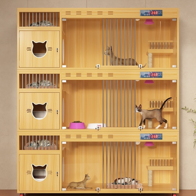 Cat Villa Solid Wood Cat Nest Constant Temperature Cat Cabinet Three-Story Luxury Pet Display Cabinet Home Breeding Cattery Foster Care Cat Cage