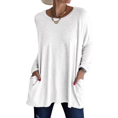 wish spring and summer new European and American round neck, long sleeves, loose pockets, pure color T-shirt, casual women's clothing