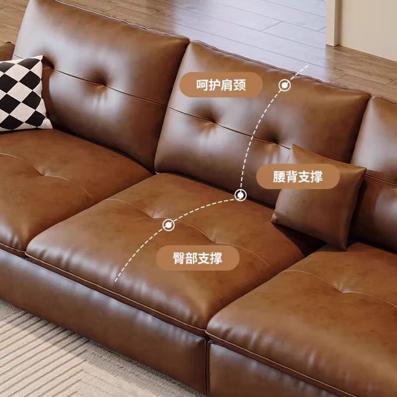 Sofá de cuero de cera retro americano para la sala de estar 2024 nuevo sofá de cuero de tres personas estilo medieval en línea pequeña casa
