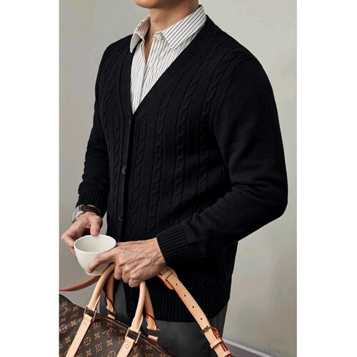 Autumn/Winter Korean Style Knitted Cardigan Jacket for Men - Slim Fit Solid Color Long Sleeve Crochet V-Neck Casual Business Sweater