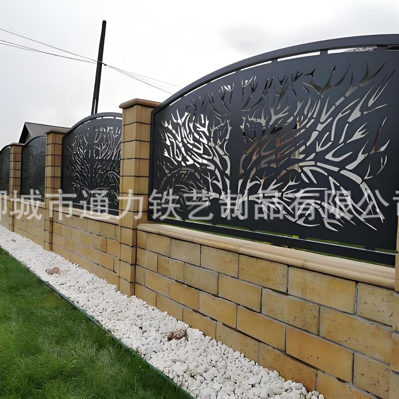 Villa Stainless Steel Hollow Cut Fence School Garden Wrought Iron Perspective Wall Courtyard Privacy Fence Background Wall