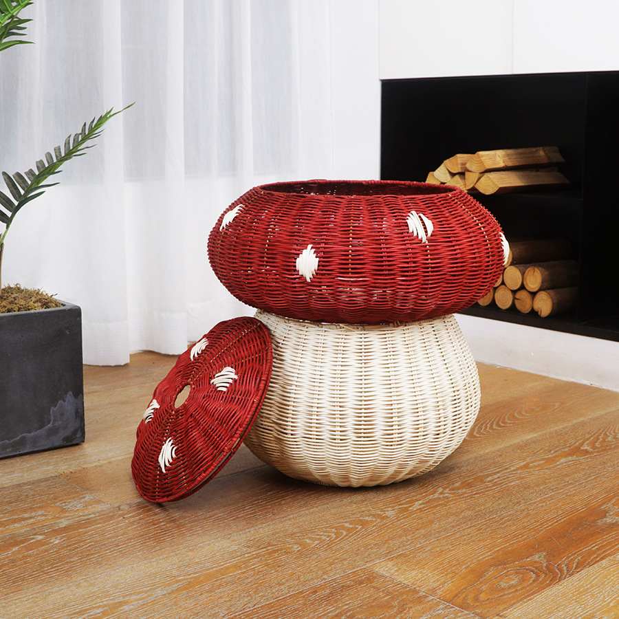 Cesta de almacenamiento de juguetes para niños en forma de hongo nórdico tela de caña canasta de peluche sala de estar caja de almacenamiento de dormitorio