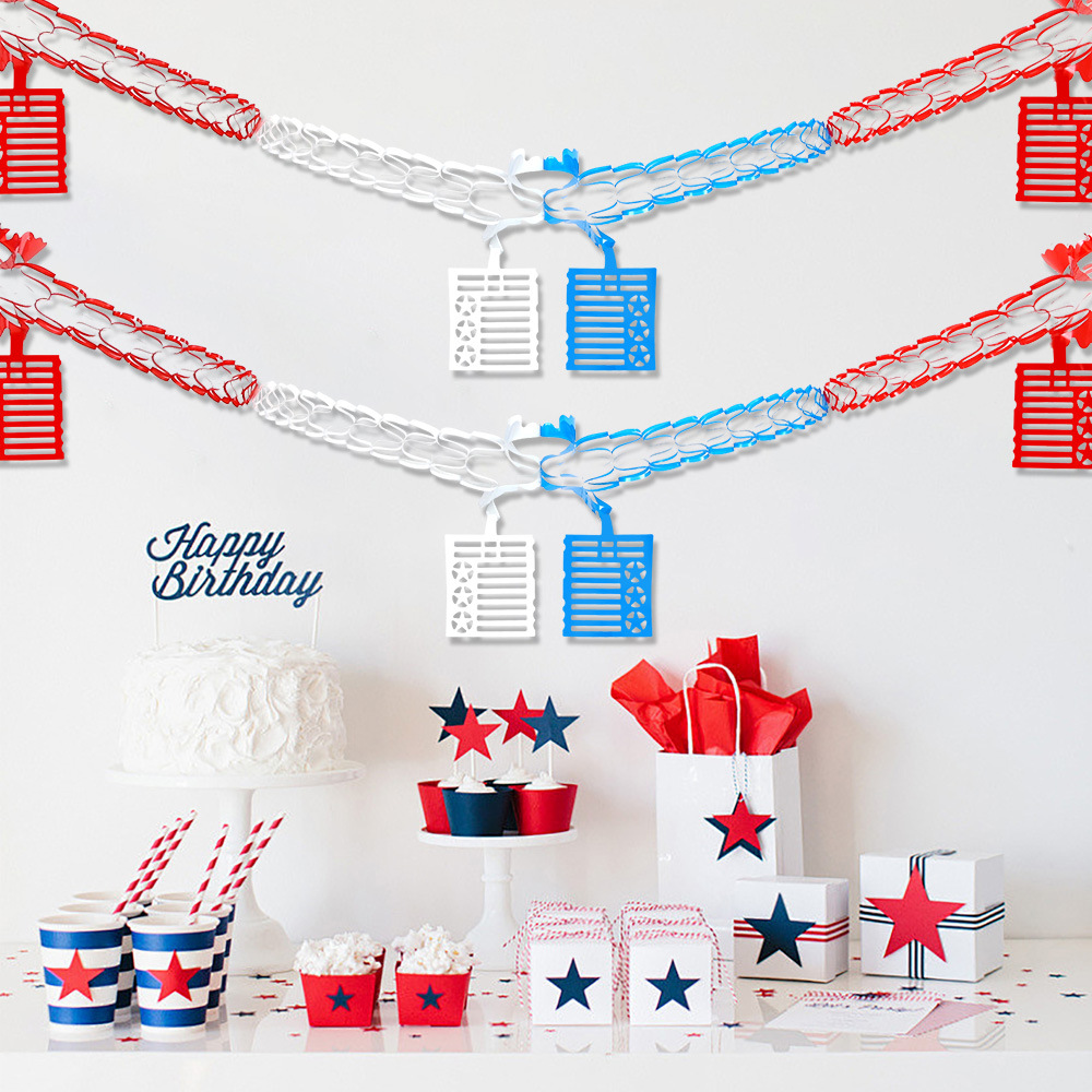 Día de la Independencia de los Estados Unidos panal de abeja dibujo de flores rojas, blancas y azules estrella de rayas colgantes Día de los Caídos Decoración de la bandera de dibujo hueca