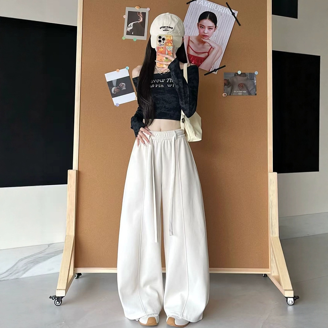 琥珀流光风抽绳弯刀裤女秋季2026新款高腰窄版阔腿裤宽松休闲卫裤